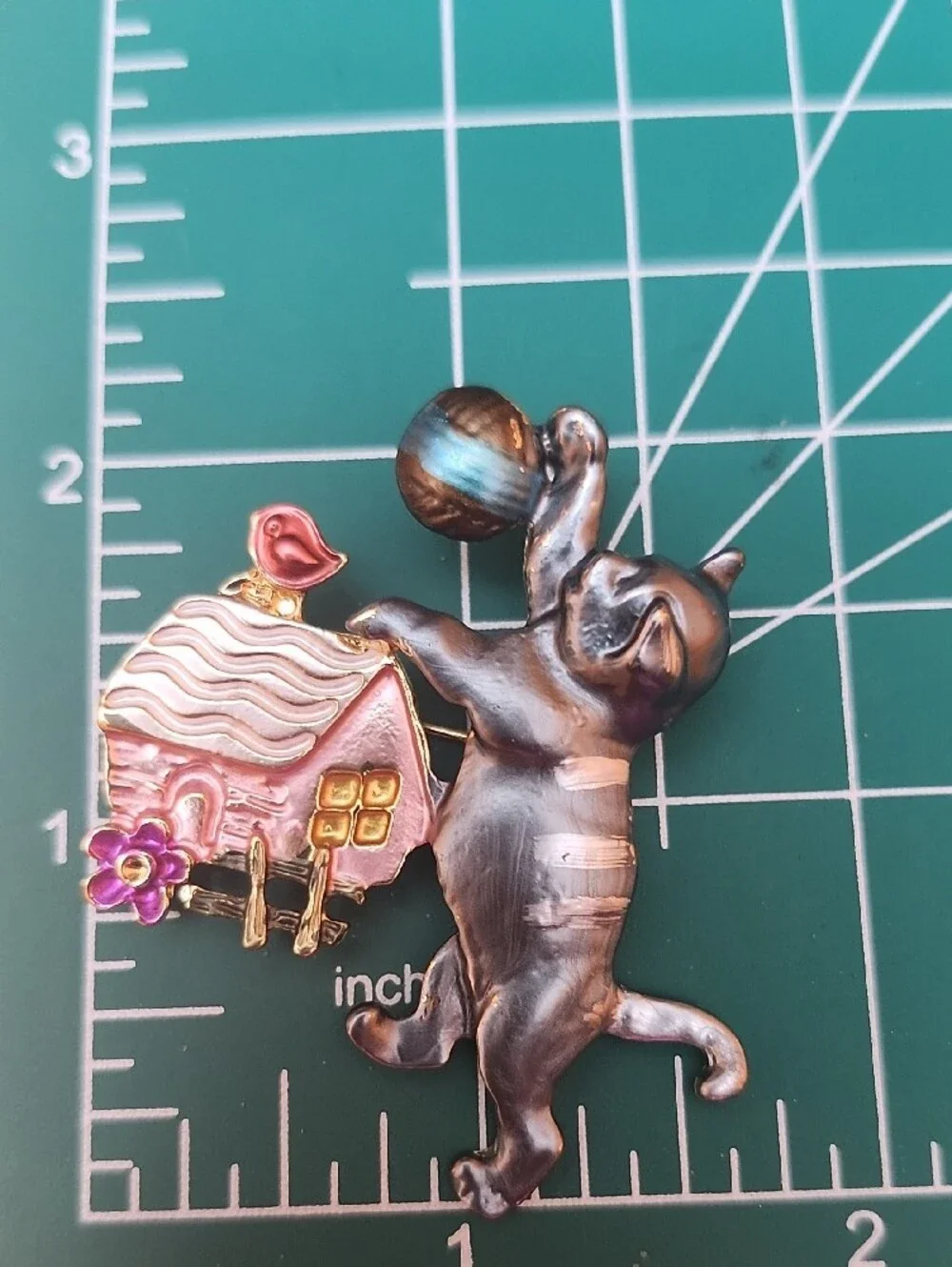 Playful Cat and House Enamel Brooch in Pink and Gold